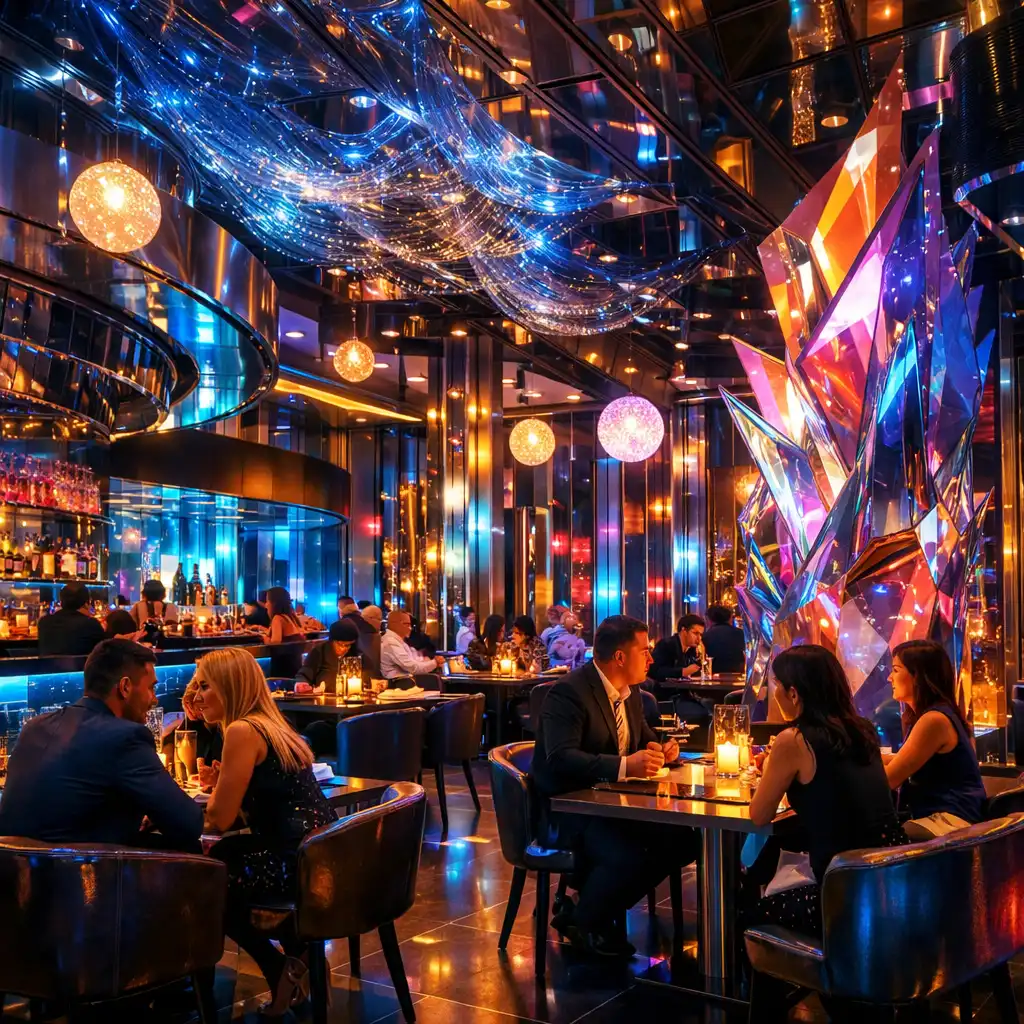 Ambiance lumineuse immersive avec décor cyberpunk et installations artistiques