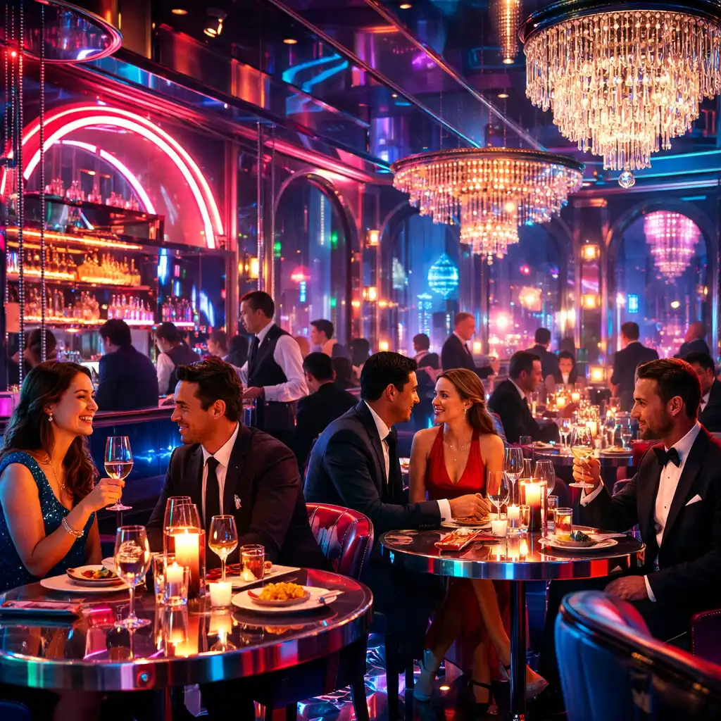 Ambiance futuriste lumineuse du restaurant Bellecrox