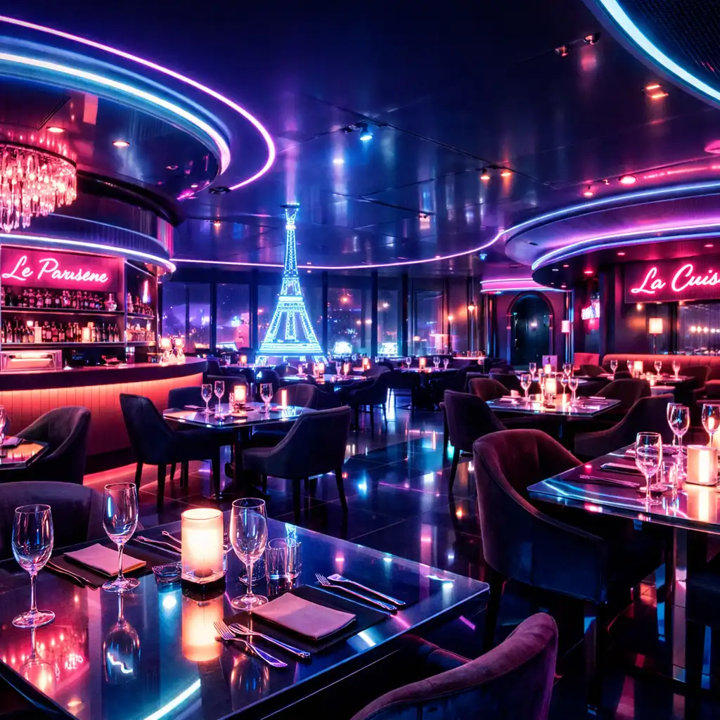 Espace restaurant futuriste Bellecrox avec ambiance lumineuse immersive