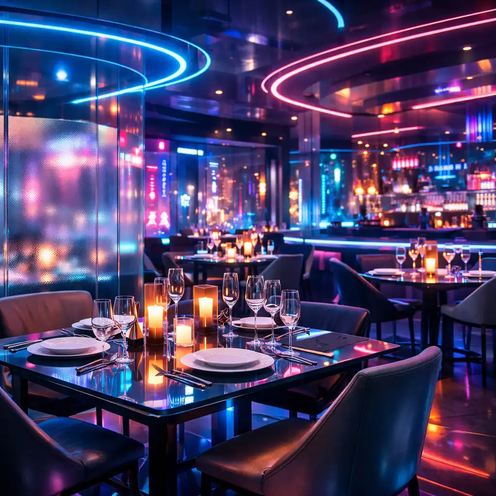 Salle cyberpunk lumineuse Bellecrox décor futuriste