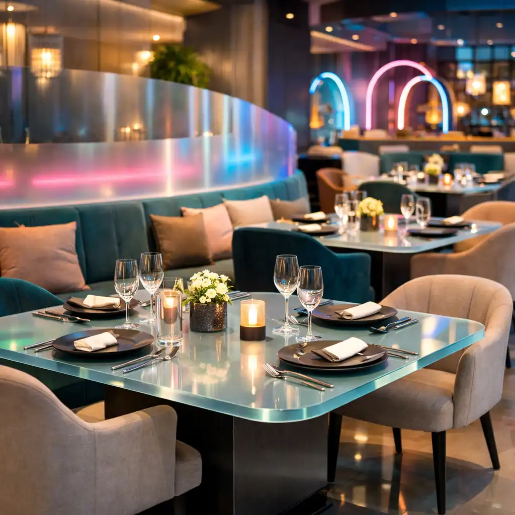 Restaurant Bellecrox avec décor futuriste et tables lumineuses